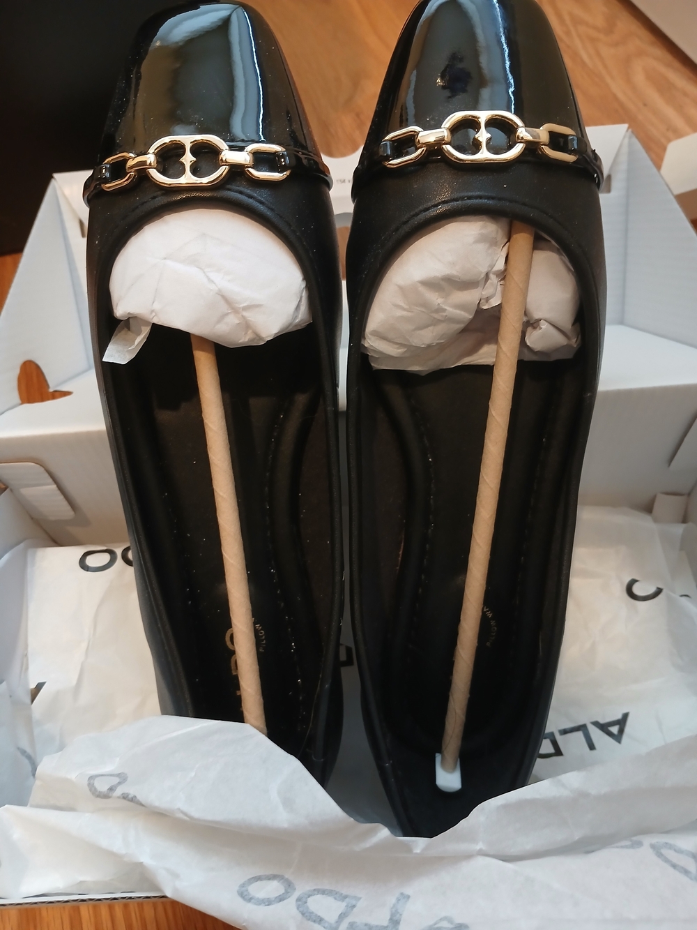 Aldo Black Patent Flats with Gold Chain Accent